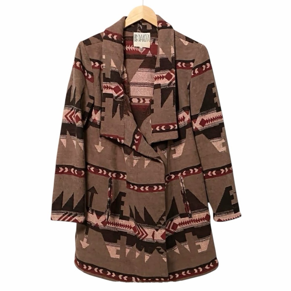 BB Dakota Mackenzie Aztec Tribal Open Front Longline Duster Jacket Large Boho